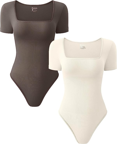OQQ Women's 2 Piece Bodysuits Sexy Ribbed One Piece Square Neck Short Sleeve Bod