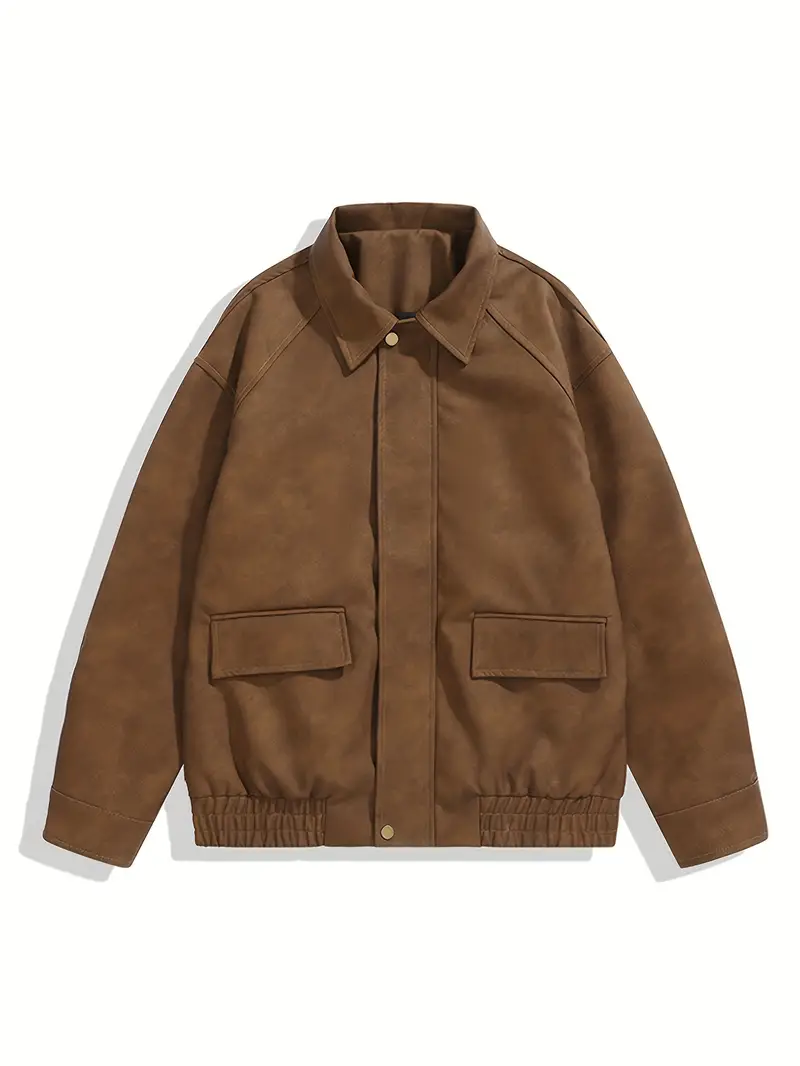 Men's Stylish Vintage Style Faux Leather Jacket With Pockets, Casual Breathable Lapel Zip Up Long Sleeve Jacket For Outdoor Activities