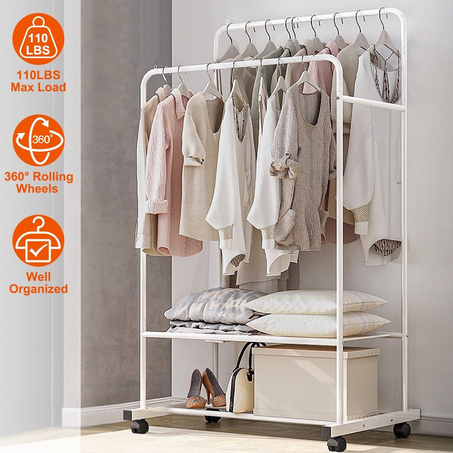 Clothing Rack with Wheels Double Rails Rolling Rack Bedroom Shoe Garment Rack