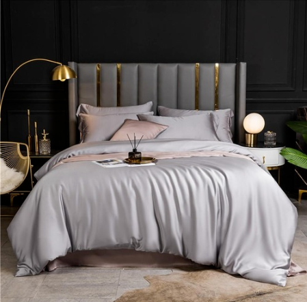 Soft Bedding Set Gray Reversible Duvet Cover Bed Sheet Pillow Silky Soft 4Pcs