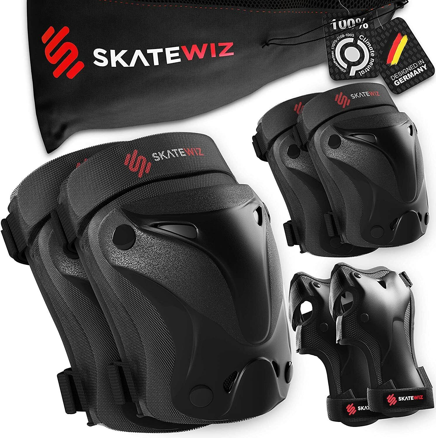 SKATEWIZ Skateboard Pads Knee & Elbow Pads & Wrist Guards for Roller Skating